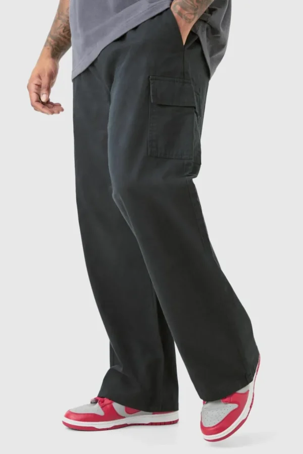 boohooMAN Plus Elasticated Waist Relaxed Fit Cargo Trousers | Trousers | Cargo Trousers