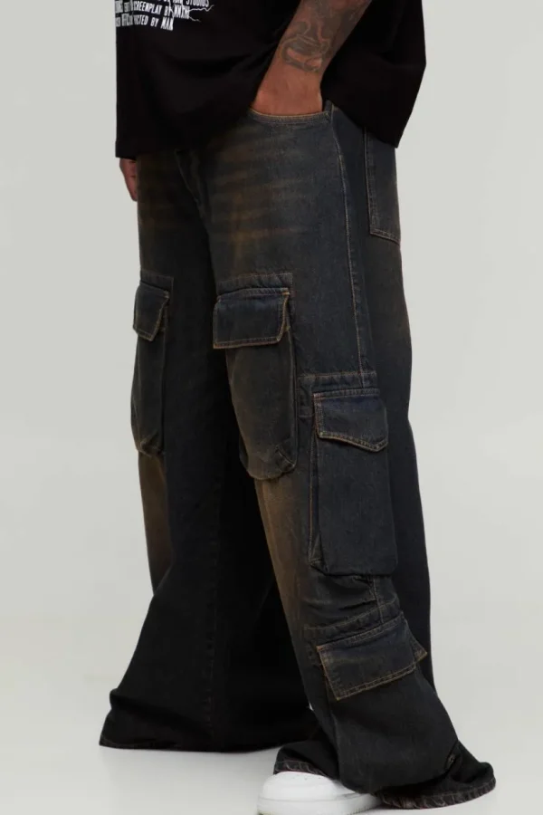 boohooMAN Plus Extreme Baggy Tined Multi Pocket Cargo Jeans | Denim | Going Out Denim