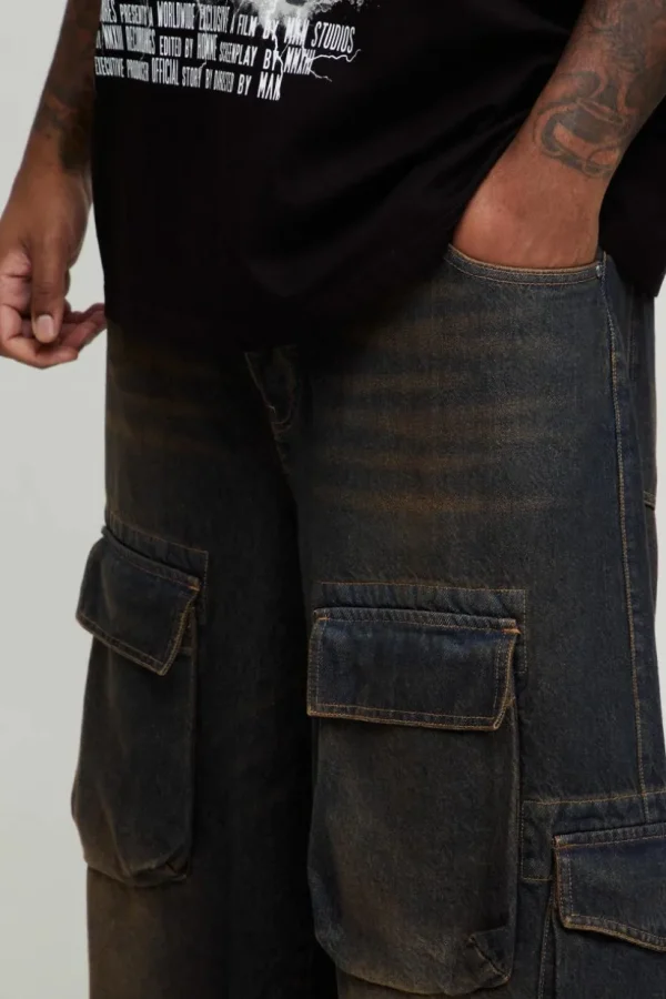 boohooMAN Plus Extreme Baggy Tined Multi Pocket Cargo Jeans | Denim | Going Out Denim