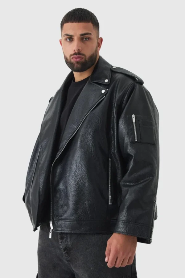 boohooMAN Plus Extreme Oversized Textured PU Biker Jacket In | Man | Coats & Jackets