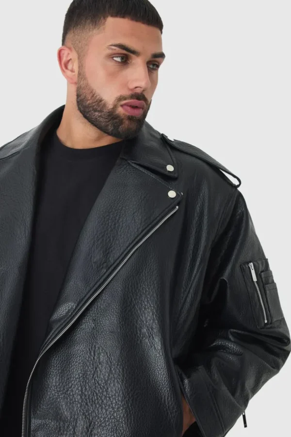 boohooMAN Plus Extreme Oversized Textured PU Biker Jacket In | Man | Coats & Jackets