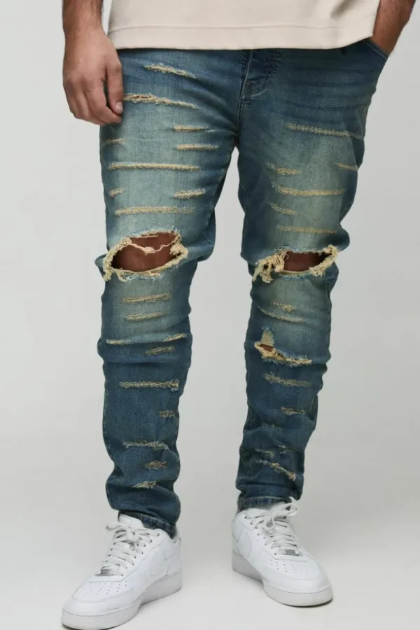 boohooMAN Plus Extreme Rip Busted Knee Skinny Jeans | Denim | Going Out Denim