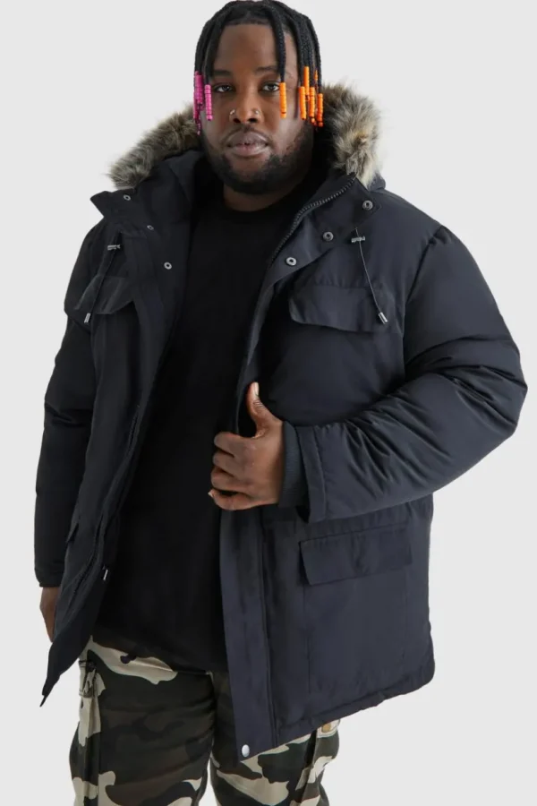 boohooMAN Plus Faux Fur Hooded Arctic Parka Jacket in | Man | Coats & Jackets