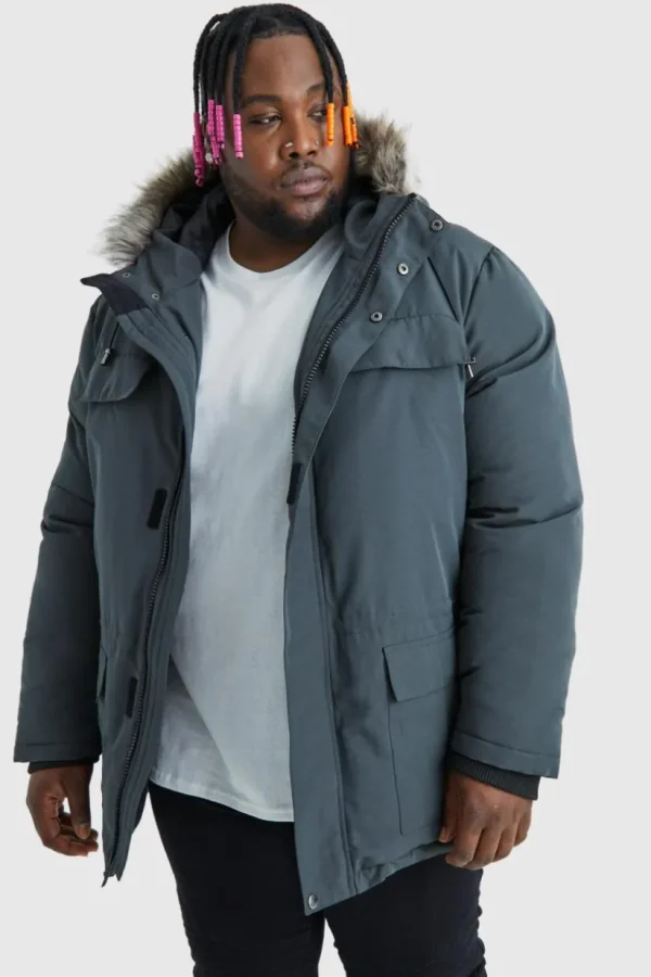 boohooMAN Plus Faux Fur Hooded Arctic Parka Jacket in | Man | Coats & Jackets