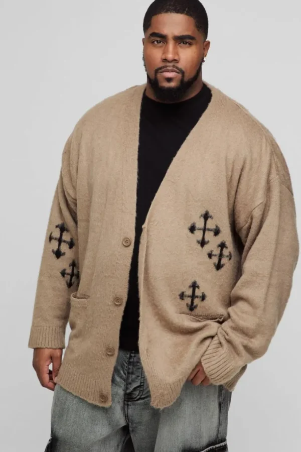 boohooMAN Plus Fluffy Knit Gothic Cross Applique Cardigan | Knitwear | Going Out Knitwear