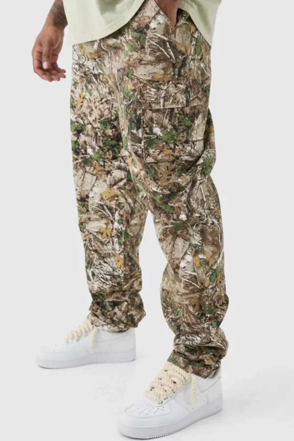 boohooMAN Plus Forest Camo Slim Stacked Multi Cargo Trouser | Trousers