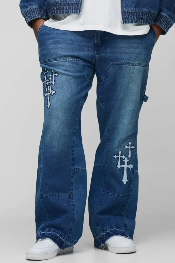 boohooMAN Plus Gothic Cross Applique Carpenter Gusset Jeans | Jeans