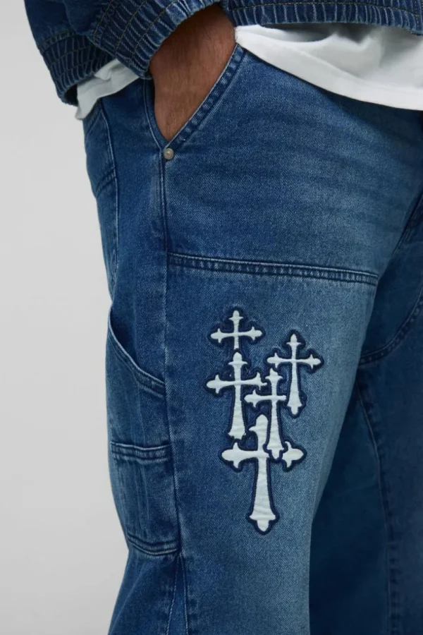 boohooMAN Plus Gothic Cross Applique Carpenter Gusset Jeans | Jeans