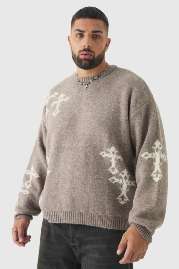 boohooMAN Plus Gothic Cross Oversized Fluffy Knitted Sweat | Knitwear | Going Out Knitwear