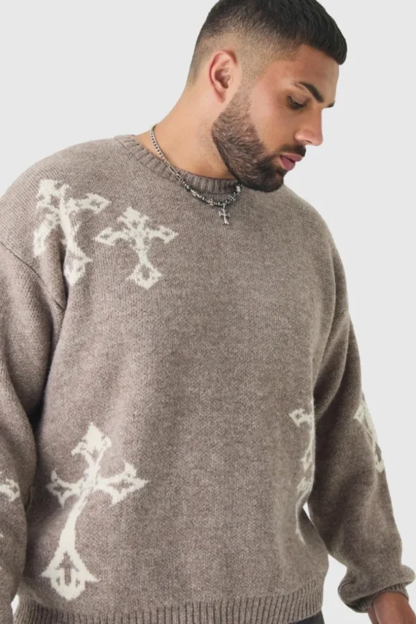 boohooMAN Plus Gothic Cross Oversized Fluffy Knitted Sweat | Knitwear | Going Out Knitwear