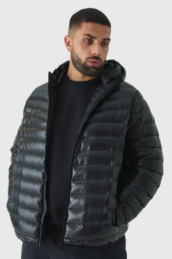 boohooMAN Plus High Shine Hooded Puffer Jacket In | Man | Coats & Jackets