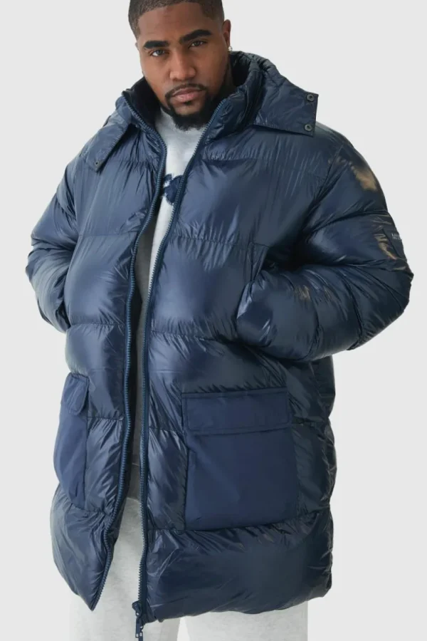 boohooMAN Plus High Shine Mid Length Puffer | Man | Coats & Jackets