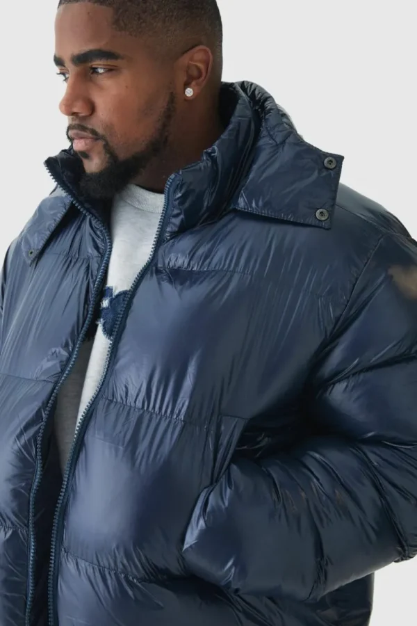 boohooMAN Plus High Shine Mid Length Puffer | Man | Coats & Jackets