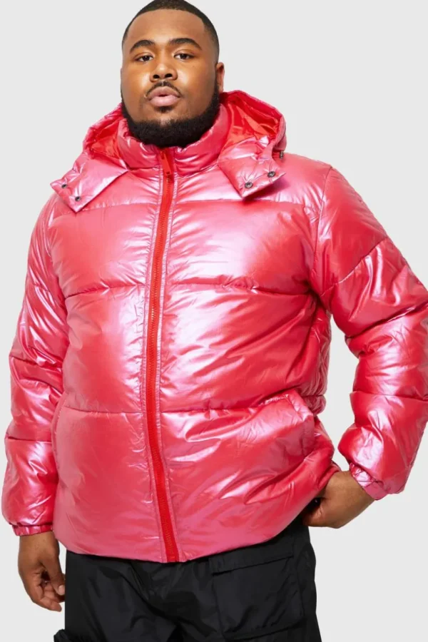 boohooMAN Plus High Shine Ripstop Man Print Tape Puffer | Man