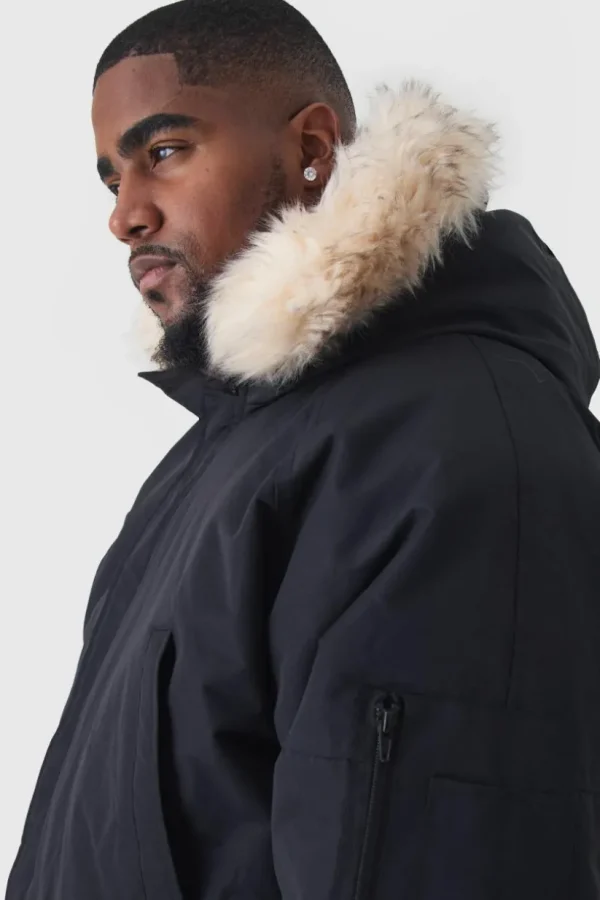 boohooMAN Plus Hooded Parka With Removeable Faux Fur Trim In | Man | Coats & Jackets