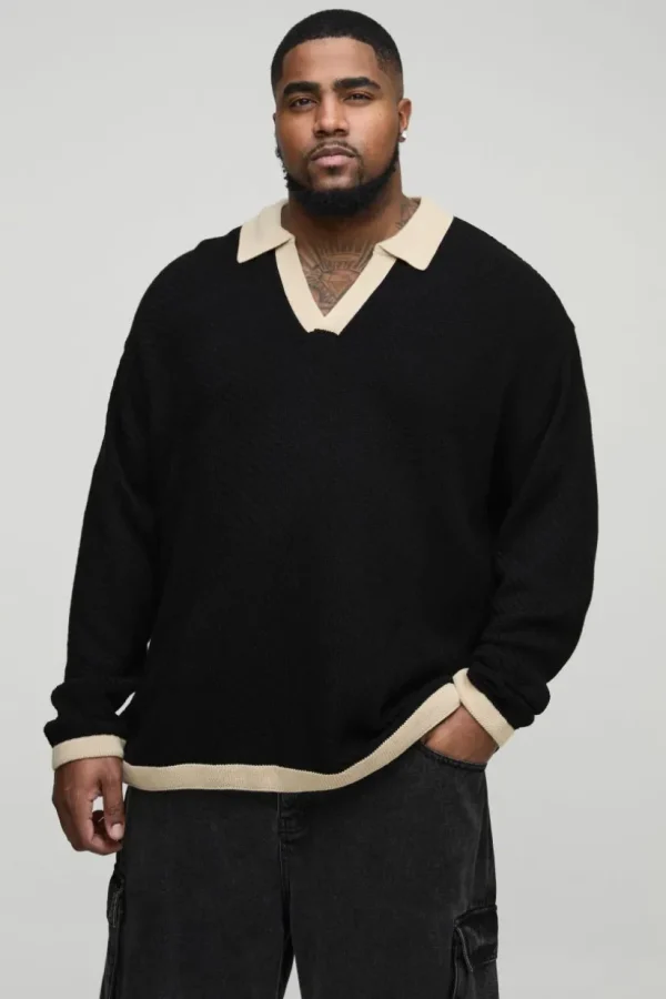 boohooMAN Plus Long Sleeved Oversized Contrast Collar Knitted Polo | Going Out Polo Shirts