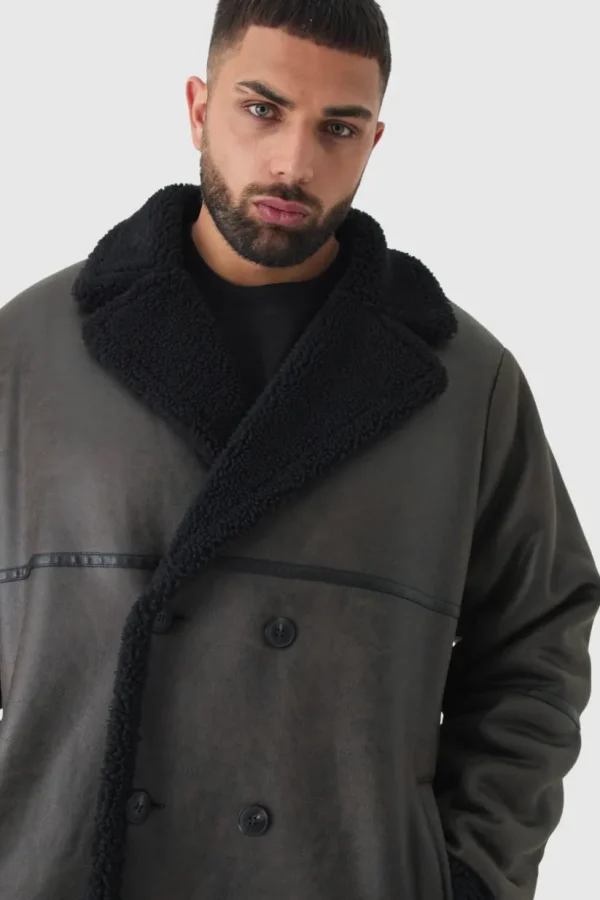 boohooMAN Plus Longline Double Breasted Aviator Jacket In | Coats & Jackets