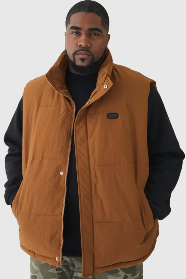 boohooMAN Plus Man Ripstop Funnel Neck Puffer Gilet In | Man | Coats & Jackets