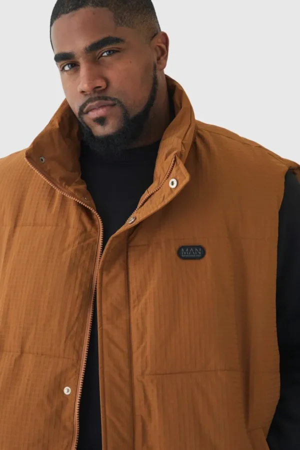 boohooMAN Plus Man Ripstop Funnel Neck Puffer Gilet In | Man | Coats & Jackets