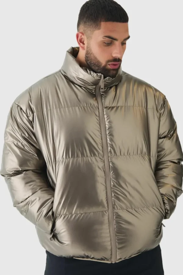 boohooMAN Plus Metallic Funnel Neck Puffer Jacket In | Man | Coats & Jackets