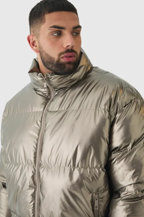 boohooMAN Plus Metallic Funnel Neck Puffer Jacket In | Man | Coats & Jackets