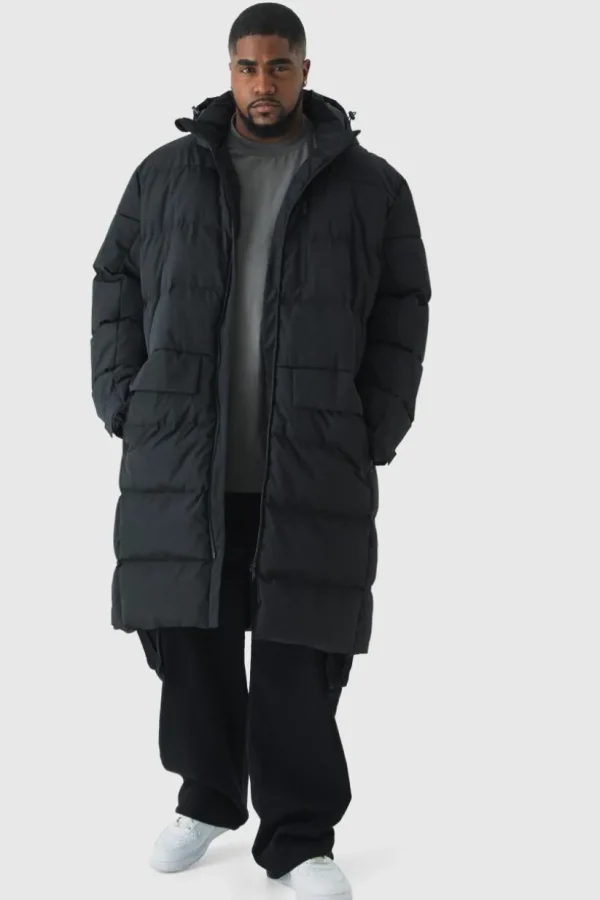 boohooMAN Plus Mid Length Hooded Puffer Jacket In | Man