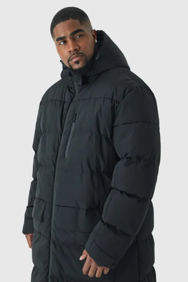 boohooMAN Plus Mid Length Hooded Puffer Jacket In | Man