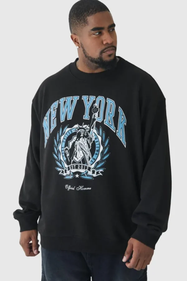 boohooMAN Plus New York Print Oversized Extended Neck Sweatshirt in | Hoodies & Sweats