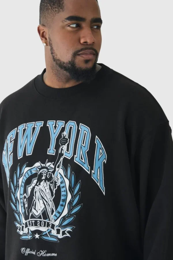 boohooMAN Plus New York Print Oversized Extended Neck Sweatshirt in | Hoodies & Sweats