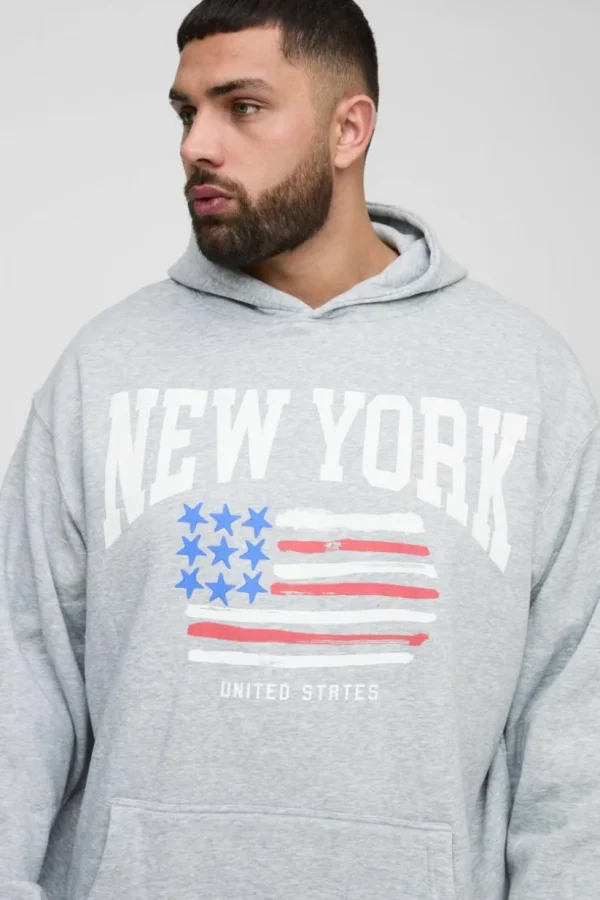 boohooMAN Plus New York Print Oversized Hoodie in | Hoodies & Sweats