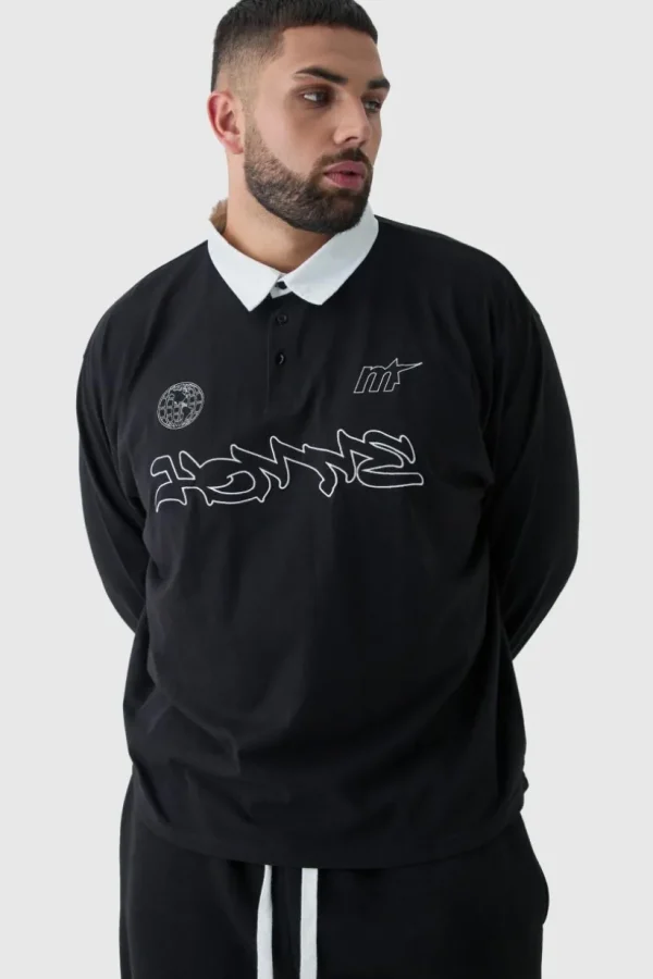 boohooMAN Plus Oversized Applique Rugby Polo | Going Out Polo Shirts | Shirts