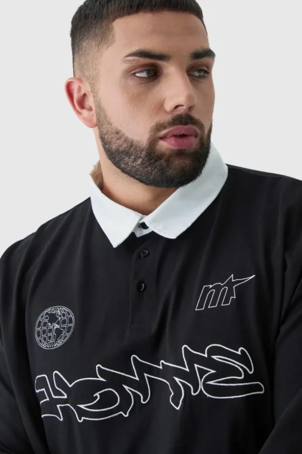 boohooMAN Plus Oversized Applique Rugby Polo | Going Out Polo Shirts | Shirts