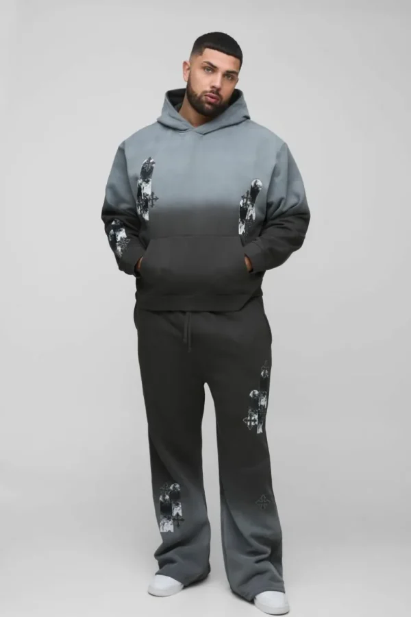 boohooMAN Plus Oversized Boxy Applique Cross Spray Wash Hooded Relaxed Flare Tracksuit | Tracksuits