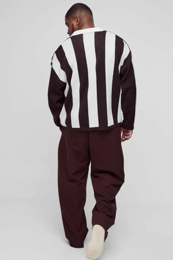 boohooMAN Plus Oversized Boxy Football Knitted Long Sleeve Polo | Going Out Polo Shirts | Knitwear