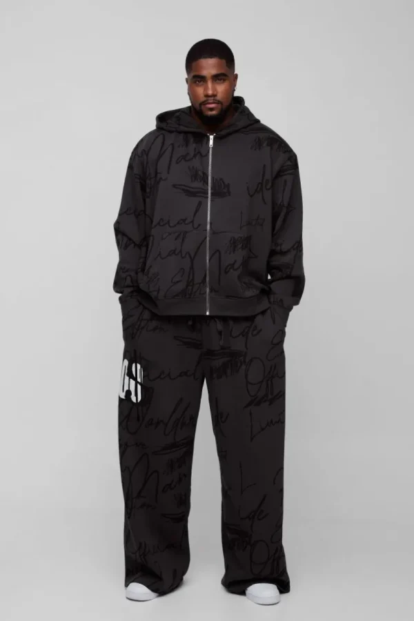 boohooMAN Plus Oversized Boxy Graffiti Hooded Wide Leg Tracksuit | Tracksuits