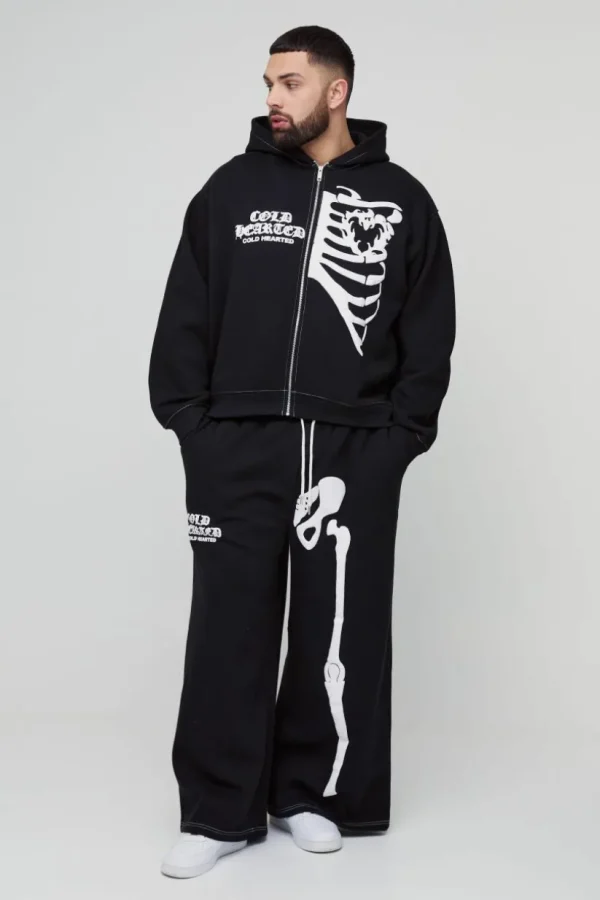 boohooMAN Plus Oversized Boxy Skeleton Puff Print Contrast Stitch Hooded Tracksuit | Tracksuits