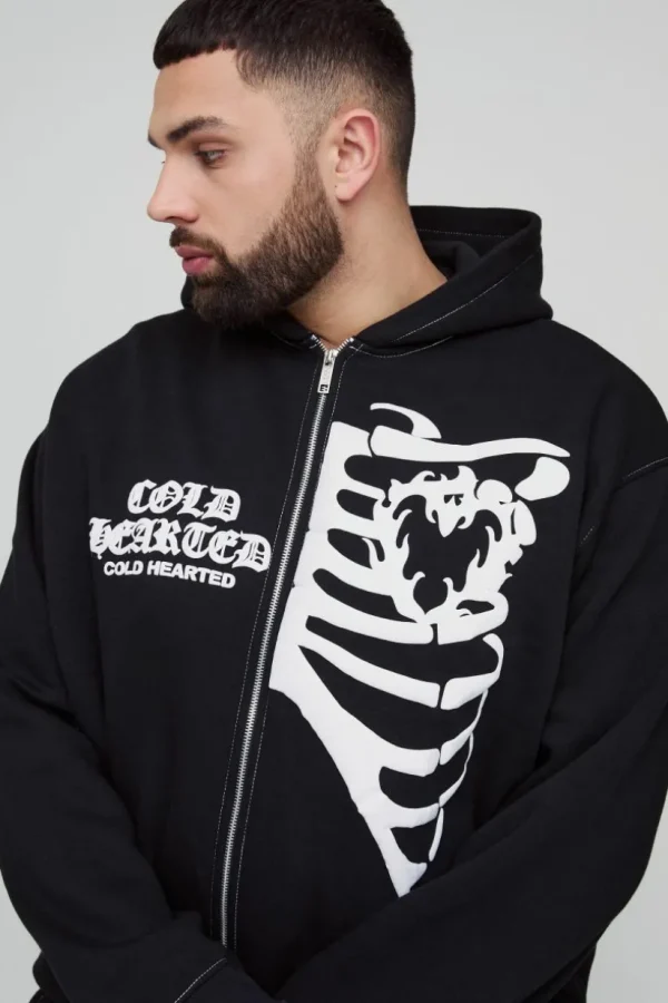 boohooMAN Plus Oversized Boxy Skeleton Puff Print Contrast Stitch Hooded Tracksuit | Tracksuits