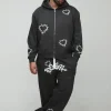 boohooMAN Plus Oversized Boxy Zip Heart Print Zip Hooded Double Waistband Tracksuit | Tracksuits