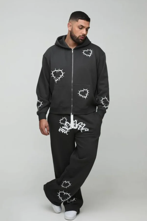 boohooMAN Plus Oversized Boxy Zip Heart Print Zip Hooded Double Waistband Tracksuit | Tracksuits