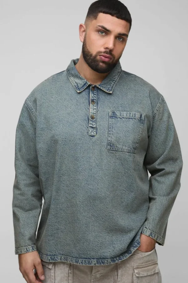 boohooMAN Plus Oversized Denim Rugby Shirt | Shirts | Going Out Shirts