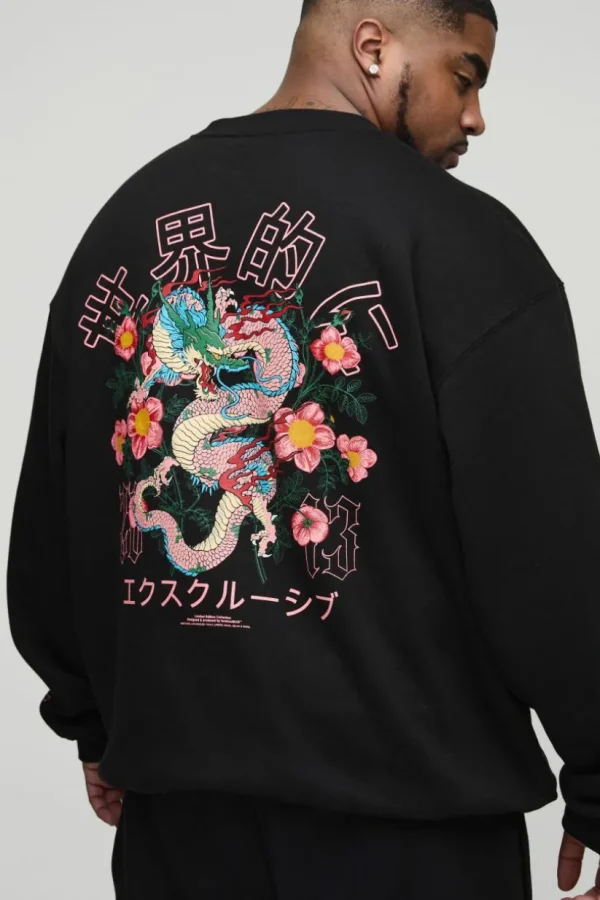 boohooMAN Plus Oversized Dragon Floral Graphic Extended Neck Sweatshirt | Hoodies & Sweats