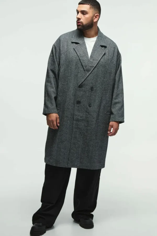 boohooMAN Plus Oversized Drop Shoulder Herringbone Overcoat In | Man | Coats & Jackets