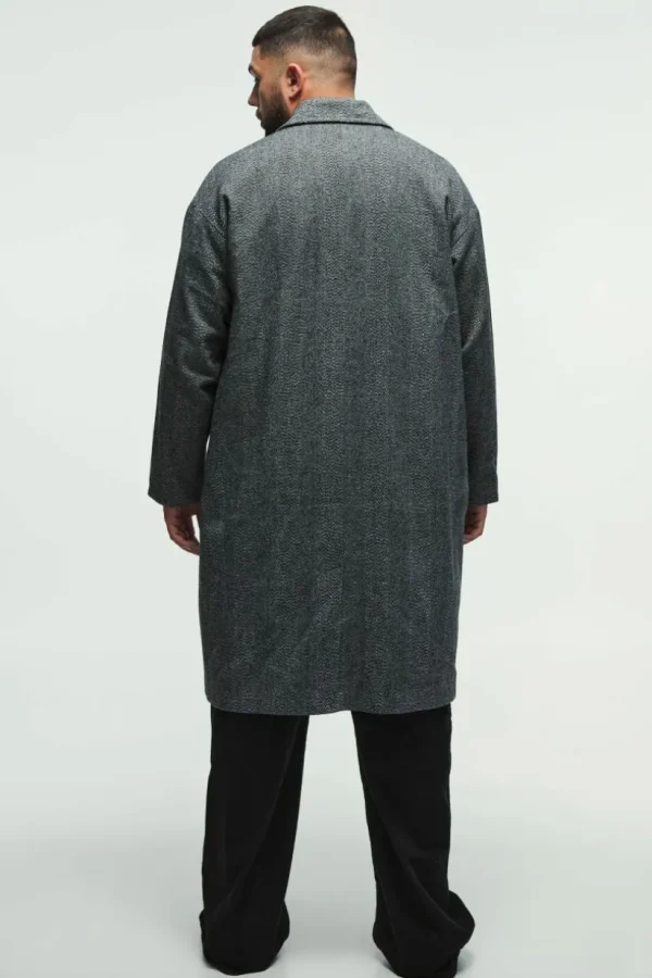 boohooMAN Plus Oversized Drop Shoulder Herringbone Overcoat In | Man | Coats & Jackets