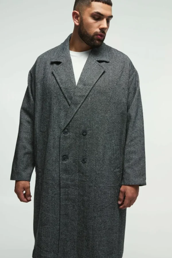 boohooMAN Plus Oversized Drop Shoulder Herringbone Overcoat In | Man | Coats & Jackets