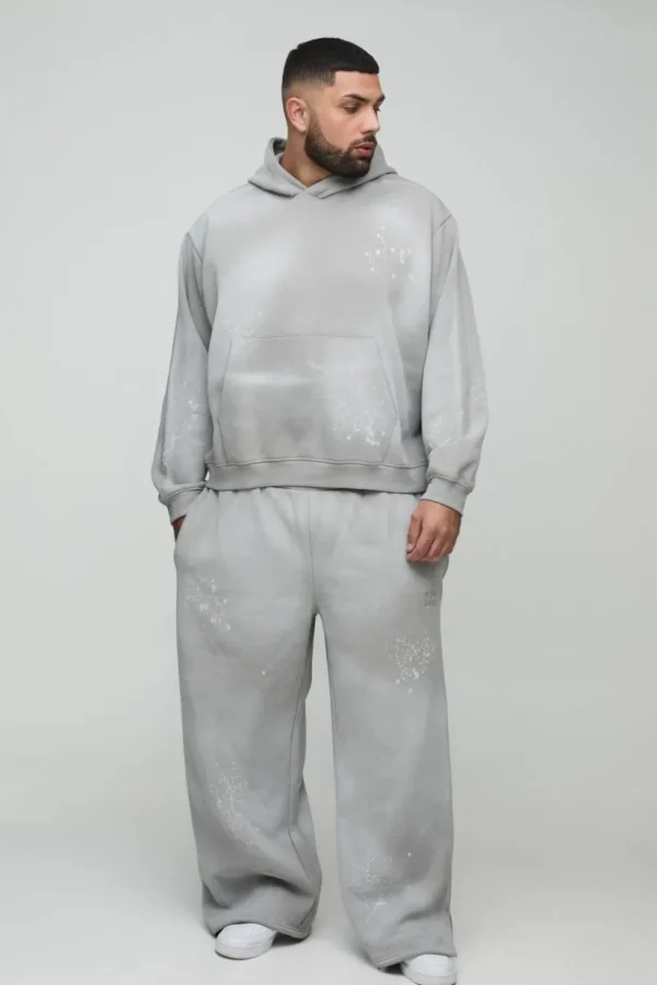 boohooMAN Plus Oversized Embroidered Spray Wash Wide Fit Boxer Jogger Tracksuit | Tracksuits