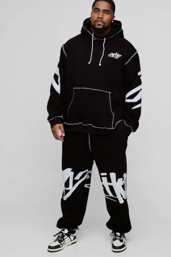 boohooMAN Plus Oversized Man Graffiti Rope Drawcord Hooded Tracksuit | Tracksuits