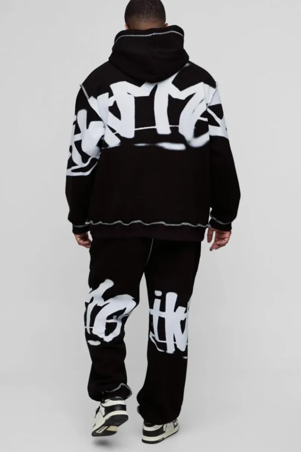 boohooMAN Plus Oversized Man Graffiti Rope Drawcord Hooded Tracksuit | Tracksuits