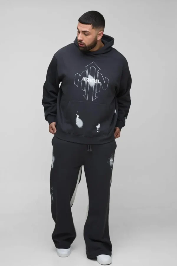 boohooMAN Plus Oversized Man Paint Splatter Hooded Relaxed Flare Tracksuit | Tracksuits