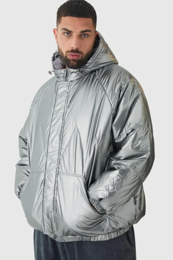 boohooMAN Plus Oversized Metallic Hooded Puffer Jacket In | Man | Coats & Jackets