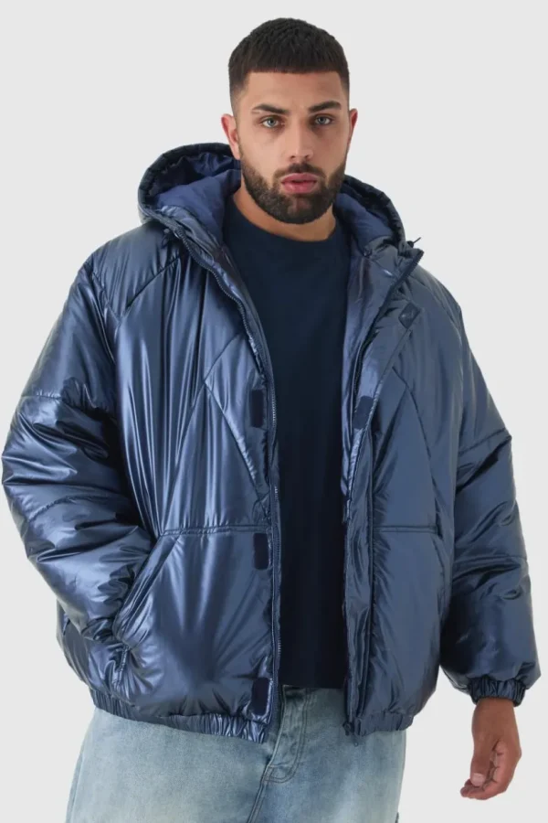 boohooMAN Plus Oversized Metallic Hooded Puffer Jacket In | Coats & Jackets